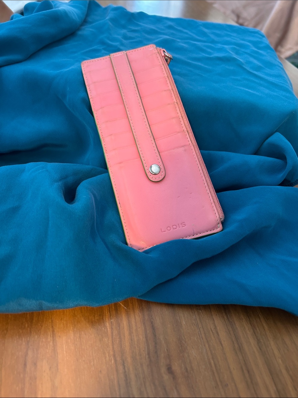 Lodis Light Pink Leather Card Organizer with Zip and Snap Strap